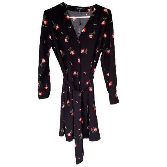 Dynamite Black Floral Button Down Wrap Dress V Neck Long Sleeves NWT Size S - Picture 3 of 17